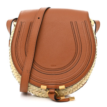 CHLOE Raffia Calfskin Marcie Basket Small Marcie Round Crossbody Bag Tan