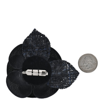 CHANEL Tweed Fabric Camellia Pin Brooch Navy Blue Black