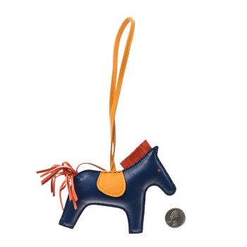 HERMES Milo Lambskin Grigri Rodeo Horse Bag Charm MM Bleu De Malte Cornaline Jaune D'or