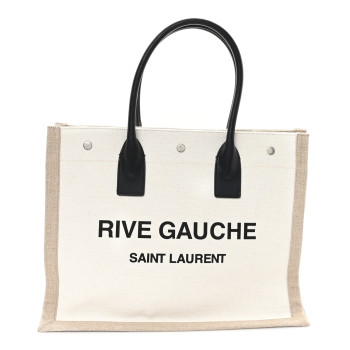 SAINT LAURENT Linen Calfskin Small Rive Gauche Tote Greggio Natural