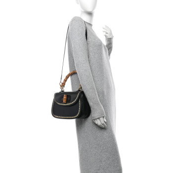 GUCCI Calfskin Frame Print Bamboo Top Handle Bag Black