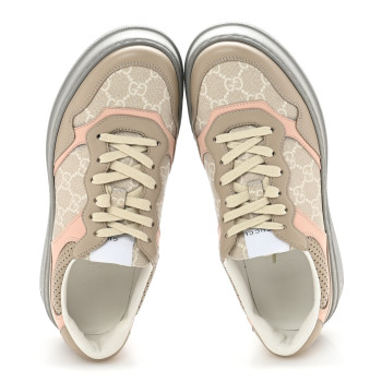 GUCCI Calfskin GG Supreme Monogram Perforated Womens Platform 55mm Sneakers 39.5 Apricot Pink Beige Grey