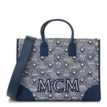MCM Jacquard Monogram Munchen Extra Large Tote Blue