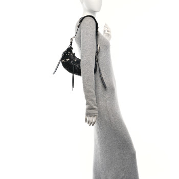 BALENCIAGA Extra Supple Calfskin Crystal Crocodile Embossed Le Cagole Shoulder Bag XS Black