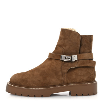 HERMES Suede Goatskin Shearling Womens Jeff Ankle Boots 41 Brun Fume Ecru