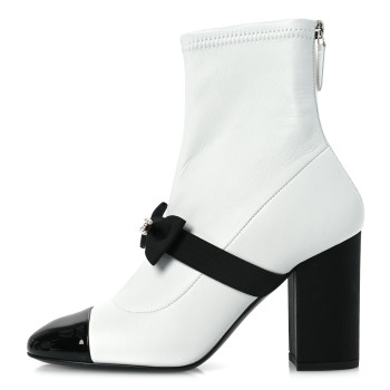 CHANEL Stretch Lambskin Patent Calfskin Pearl CC Bow Cap Toe Short Boots 37 White Black