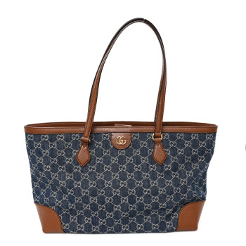 GUCCI New Denim GG Monogram Medium Ophidia Shopping Tote Blue Tea Cuir