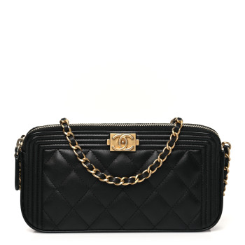 CHANEL Lambskin Quilted Small Boy Clutch With Chain Black