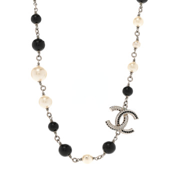 CHANEL Pearl Crystal Bead CC Necklace Silver Black