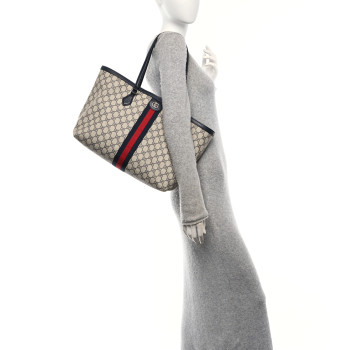 GUCCI GG Supreme Monogram Textured Calfskin Web Medium Ophidia Shopping Tote Beige Blue