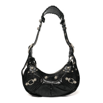 BALENCIAGA Extra Supple Calfskin Crystal Crocodile Embossed Le Cagole Shoulder Bag XS Black