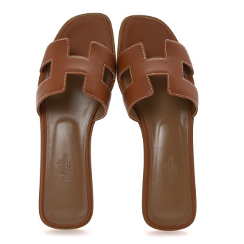HERMES Box Calfskin Oran Sandals 39 Gold