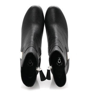CHANEL Goatskin Calfskin CC Short Boots 38.5 Black White