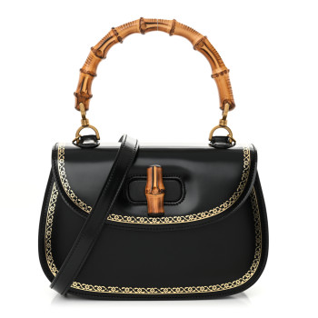 GUCCI Calfskin Frame Print Bamboo Top Handle Bag Black