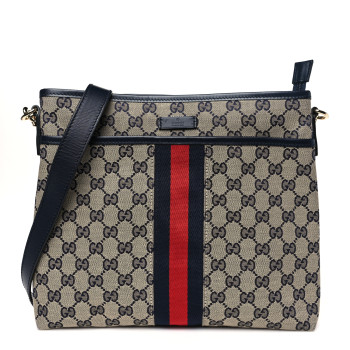 GUCCI GG Supreme Monogram Web Flat Messenger Bag Navy