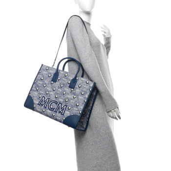 MCM Jacquard Monogram Munchen Extra Large Tote Blue