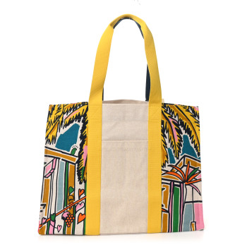 HERMES Cotton Canvas Vue Sur La Dune Beach Bag Outremer Bubble Gum Jaune D'Or