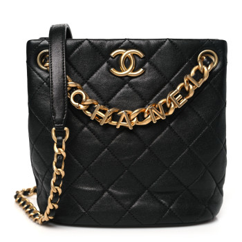 CHANEL Lambskin Quilted Chaine Lettre Small Bucket Bag Black