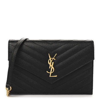 SAINT LAURENT Grain De Poudre Matelasse Chevron Monogram Envelope Chain Wallet Black