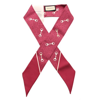 GUCCI Silk Twill GG Monogram Gold Horsebity Neck Bow Scarf Red