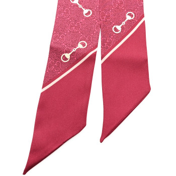 GUCCI Silk Twill GG Monogram Gold Horsebity Neck Bow Scarf Red