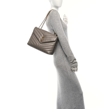 SAINT LAURENT Calfskin Y Quilted Monogram Medium Loulou Chain Satchel Greyish Brown