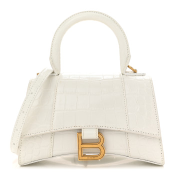 BALENCIAGA Shiny Calfskin Crocodile Embossed Hourglass Top Handle Bag XS White