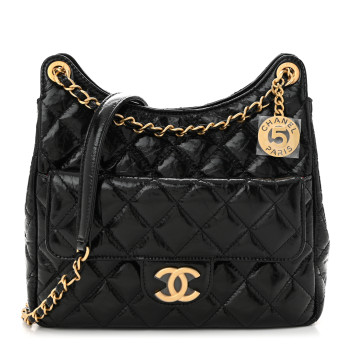 CHANEL Shiny Crumpled Calfskin Quilted Wavy CC Hobo Black