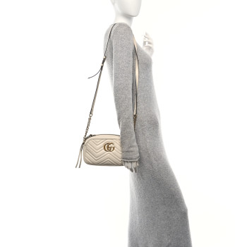 GUCCI Calfskin Matelasse Small GG Marmont Chain Shoulder Bag White