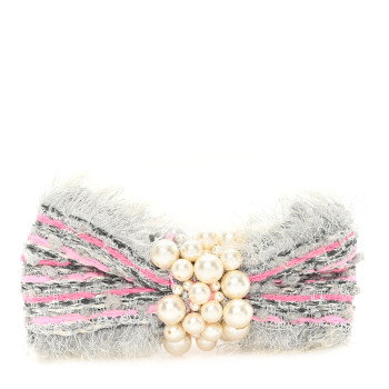 CHANEL Metallic Tweed Pearl Bow Barrette Grey Pink
