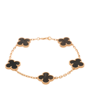 VAN CLEEF & ARPELS 18K Rose Gold Silver Obsidian 5 Motifs Vintage Alhambra Bracelet