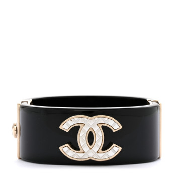 CHANEL Resin Metal Quilted CC Cuff Black Gold