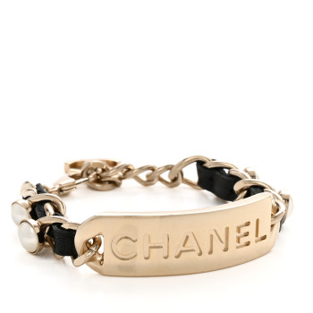 CHANEL Metal Lambskin Pearl Name Plate Bracelet Black Gold