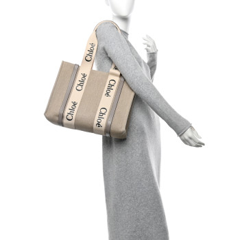 CHLOE Cotton Calfskin Medium Woody Ribbon Tote Musk Grey