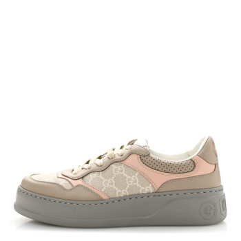 GUCCI Calfskin GG Supreme Monogram Perforated Womens Platform 55mm Sneakers 39.5 Apricot Pink Beige Grey