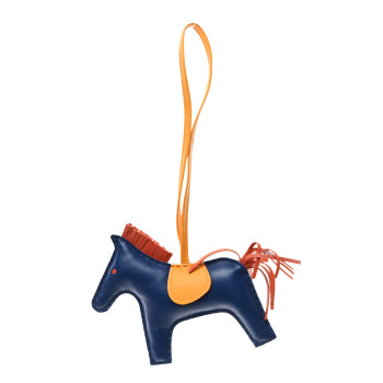 HERMES Milo Lambskin Grigri Rodeo Horse Bag Charm MM Bleu De Malte Cornaline Jaune D'or