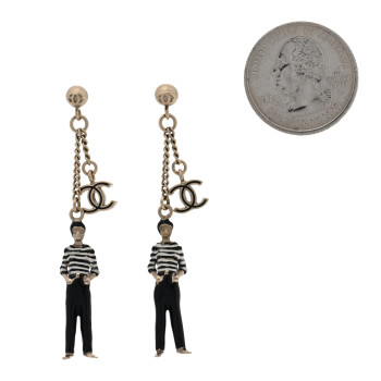 CHANEL Crystal Enamel CC Doll Drop Earrings White Black Gold