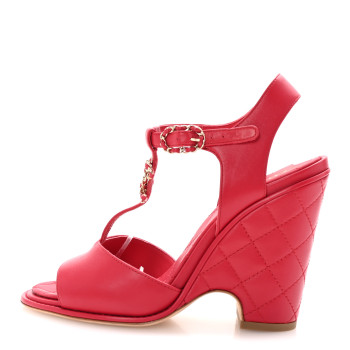 CHANEL Lambskin Quilted Chain CC Wedge Sandals 38 Red