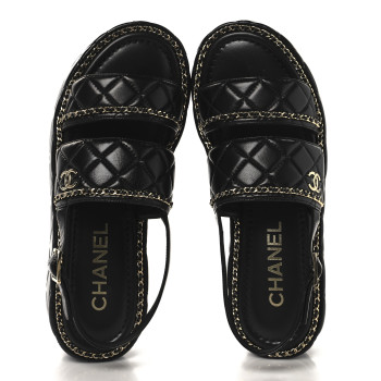 CHANEL Shiny Lambskin Quilted Chain Around CC Platform Sandals 39 Black