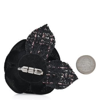 CHANEL Tweed Fabric Camellia Pin Brooch Black Pink