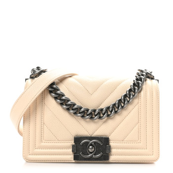 CHANEL Caviar Chevron Quilted Small Boy Flap White