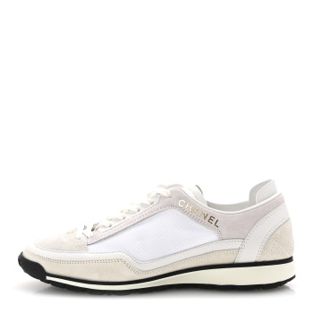 CHANEL Suede Calfskin Fabric CC Sneakers 36 Light Pink White