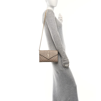 SAINT LAURENT Grain De Poudre Mixed Matelasse Triquilt Monogram Chain Wallet Dark Beige