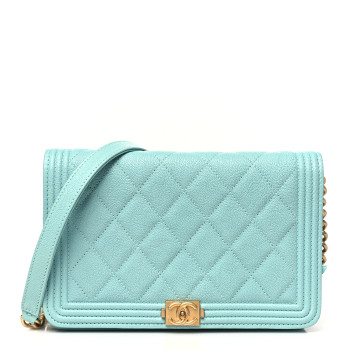 CHANEL Caviar Quilted Boy Wallet On Chain WOC Light Blue