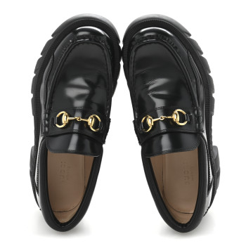 GUCCI Cordovan Lux Womens Horsebit 45mm Platform Loafers 37 Black