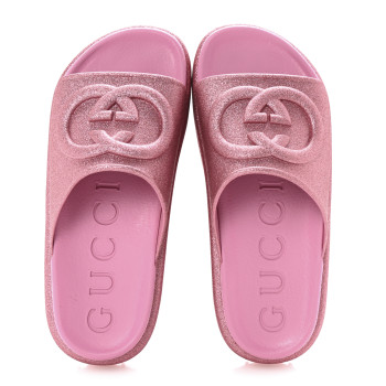 GUCCI Glitter Rubber Womens Interlocking G Platform 42mm Slide Sandals 37 Rose