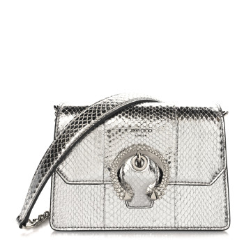 JIMMY CHOO Metallic Calfskin Snakeskin Embossed Madeline Crossbody Bag Silver