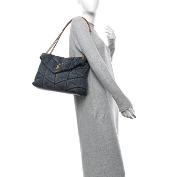 SAINT LAURENT Denim Quilted Medium Loulou Puffer Monogram Chain Satchel Blue Cinnamon