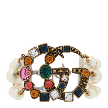 GUCCI Metal Crystal Pearl Double G Bracelet Aged Gold Multicolor