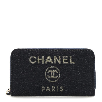 CHANEL Lurex Canvas Medium Deauville Zip Around Wallet Navy Blue Gold